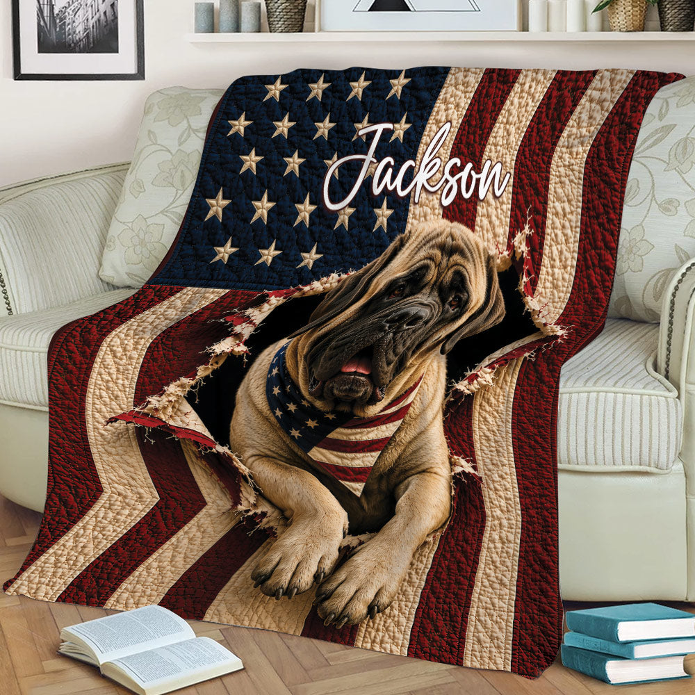 Patriotic English Mastiff blanket draped over a sofa with American flag-inspired stripes