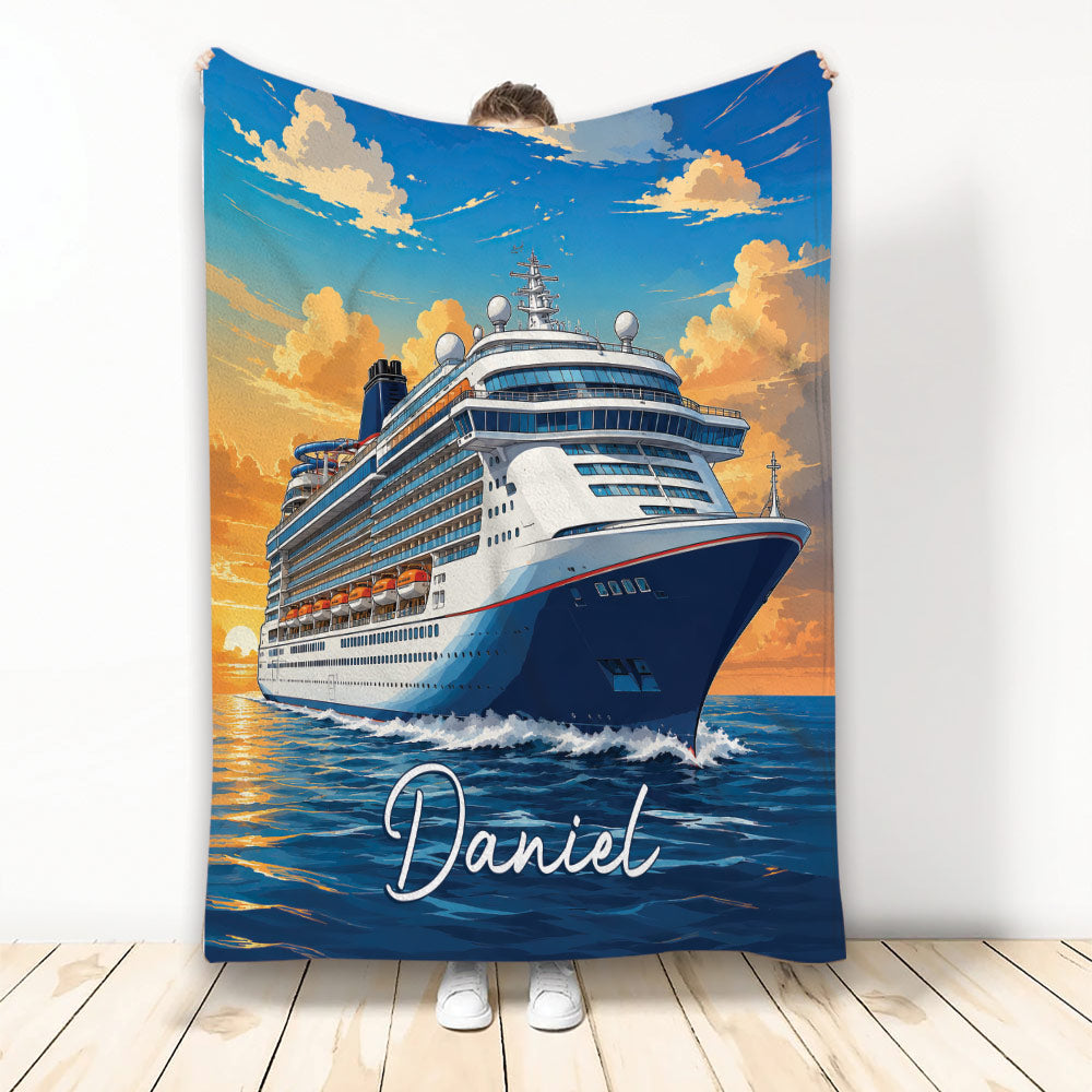 Cruise ship throw blanket with ocean voyage artwork, blue water, golden sky, and detailed ship illustration