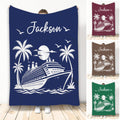 Navy cruise ship throw blanket with tropical palm trees, moon, ocean waves, and seagull artwork