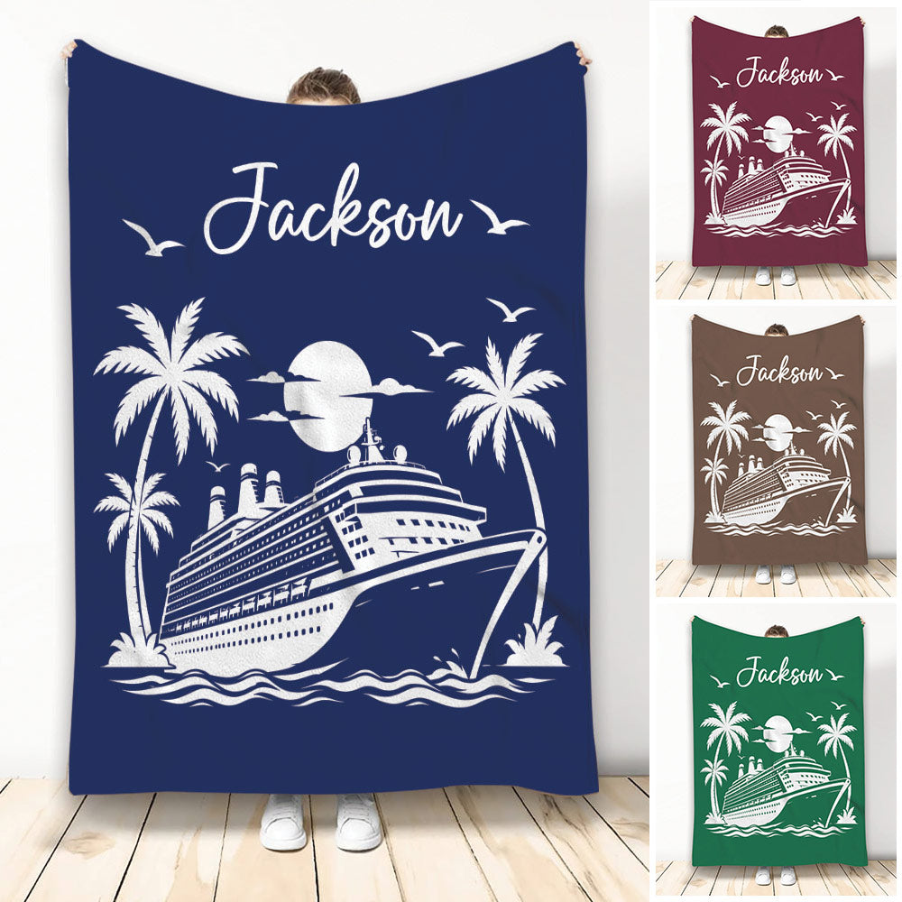 Navy cruise ship throw blanket with tropical palm trees, moon, ocean waves, and seagull artwork
