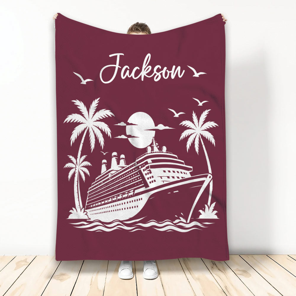 Maroon cruise ship throw blanket featuring palm trees, ocean waves, moonlight, and seagulls