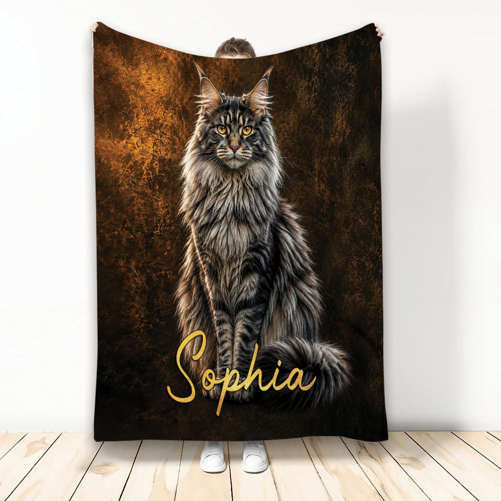 Maine Coon cat blanket displayed vertically with a majestic long-haired cat against a dark bronze background