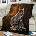 Maine Coon blanket styled on a sofa with a realistic fluffy cat design and dark bronze artistic background
