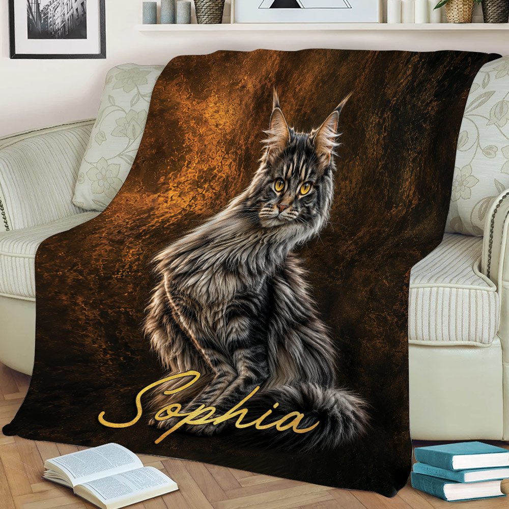 Maine Coon blanket styled on a sofa with a realistic fluffy cat design and dark bronze artistic background
