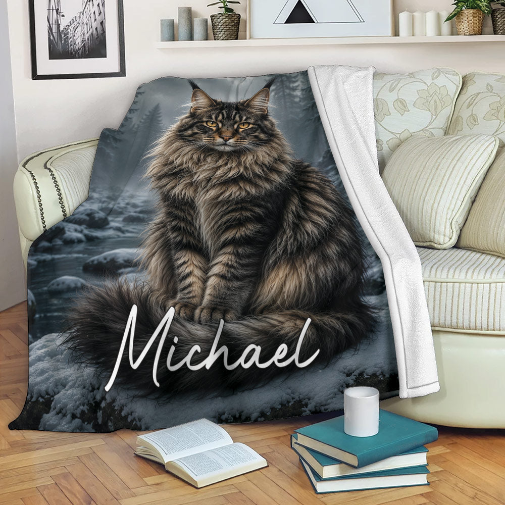 Maine Coon throw blanket displayed on a sofa with snowy woodland cat artwork