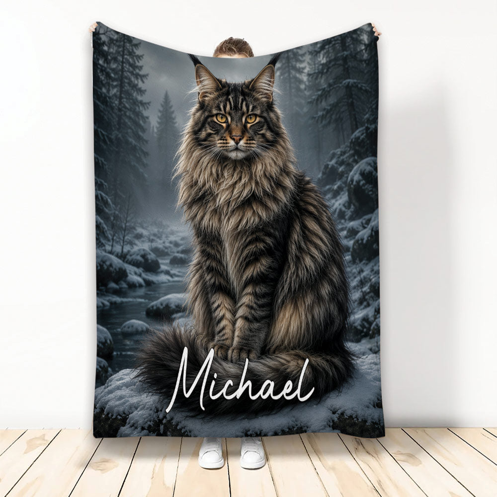 Maine Coon blanket with a majestic long-haired cat in a snowy forest scene