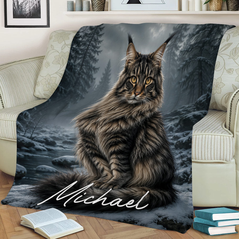 Maine Coon cat throw blanket draped over a couch in a cozy living room