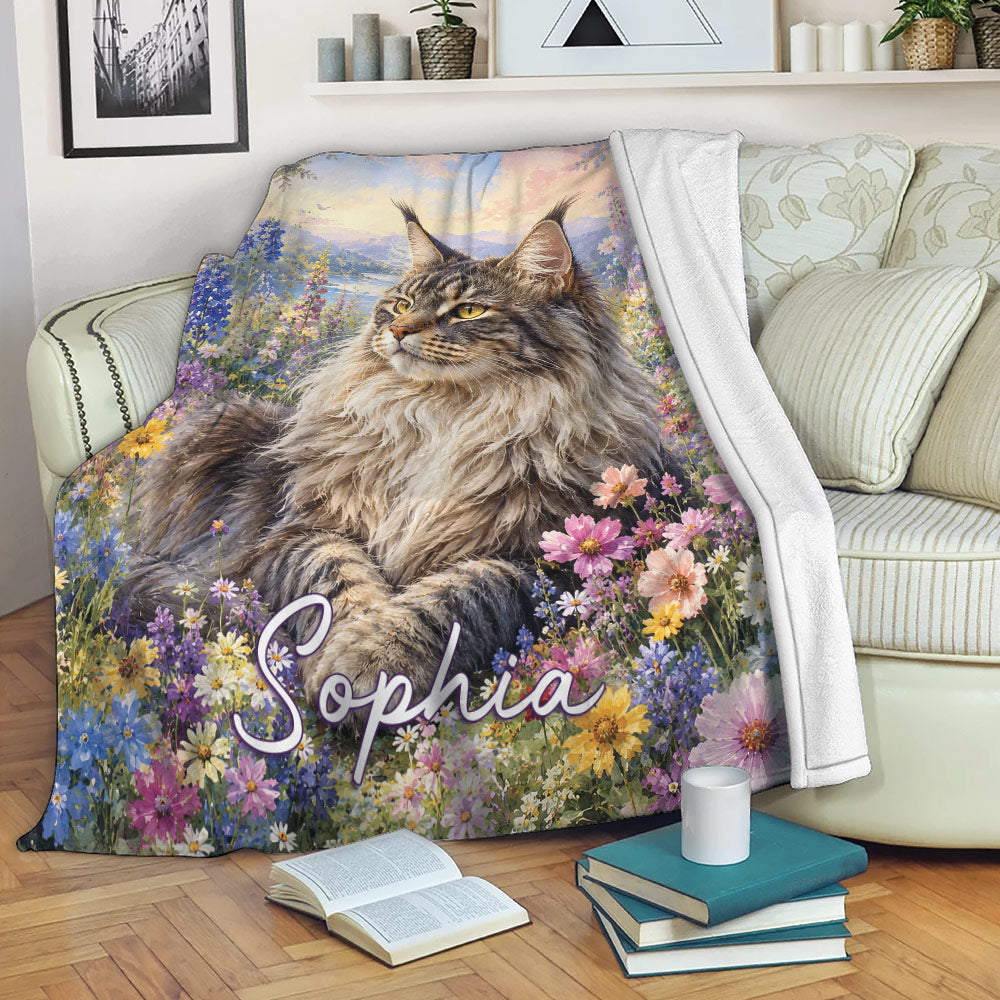 Maine Coon cat throw blanket displayed on a sofa with vibrant meadow flowers and scenic artwork
