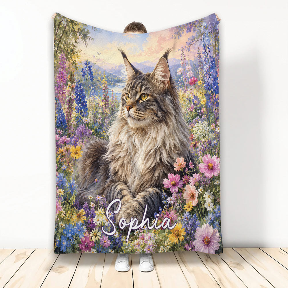 Maine Coon cat blanket with a long-haired tabby cat surrounded by colorful wildflowers and mountains