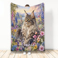Maine Coon cat blanket with a long-haired tabby cat surrounded by colorful wildflowers and mountains
