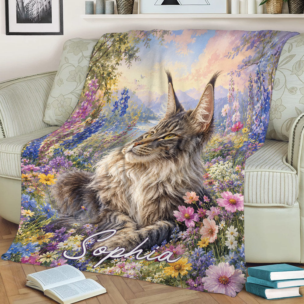 Maine Coon blanket draped over a living room couch with floral landscape artwork