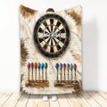 Rustic dart board blanket featuring a dartboard, colorful darts, and warm wood-toned artwork