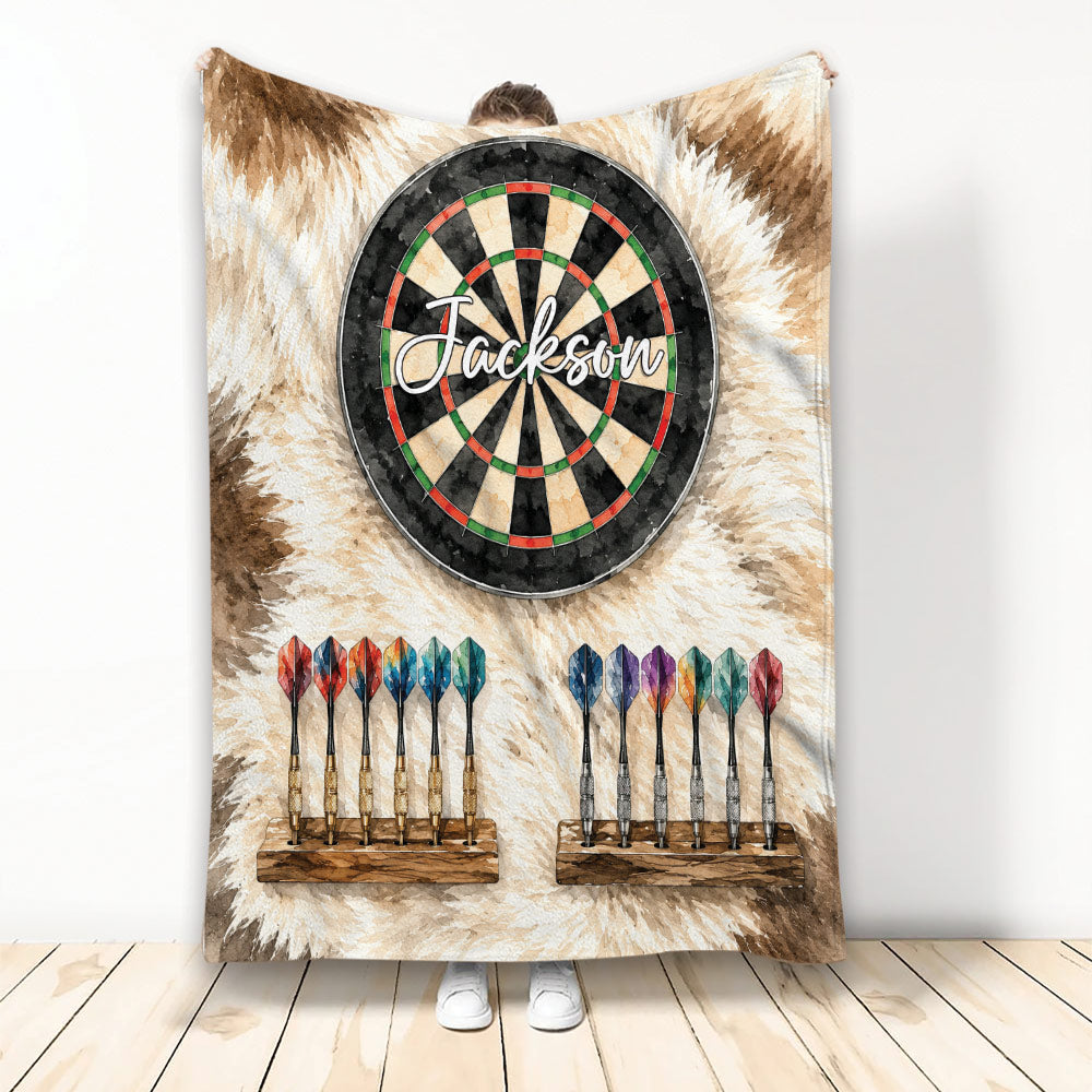 Rustic dart board blanket featuring a dartboard, colorful darts, and warm wood-toned artwork