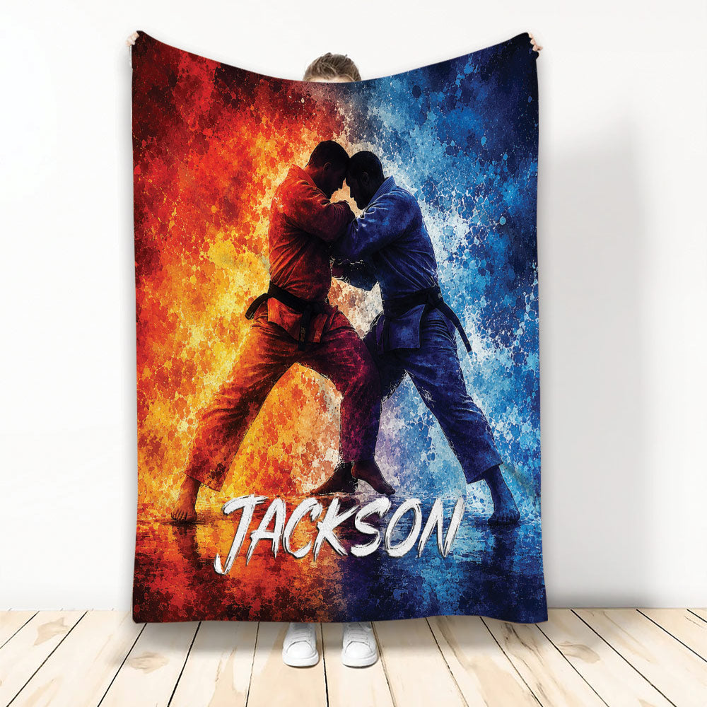 Jiu Jitsu throw blanket with two grapplers in red and blue gis against vivid abstract artwork