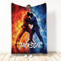 Jiu Jitsu throw blanket with two grapplers in red and blue gis against vivid abstract artwork