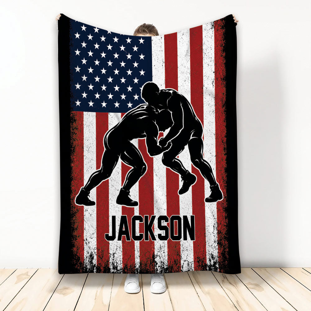 Custom wrestling blanket with two grapplers silhouetted against a distressed American flag design