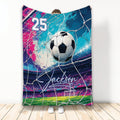 Soccer throw blanket with a goal net, stadium scene, colorful blue and pink artwork, and custom design styling