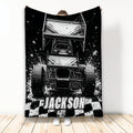 Dirt track racing throw blanket displayed with a black and white sprint car design and checkered flag accents