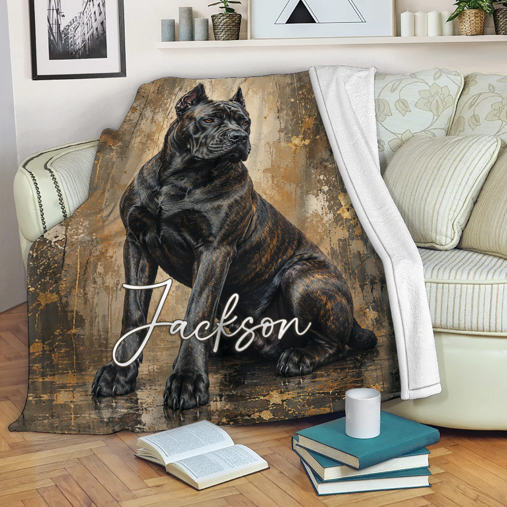 Cane Corso throw blanket draped over a sofa in a cozy living room