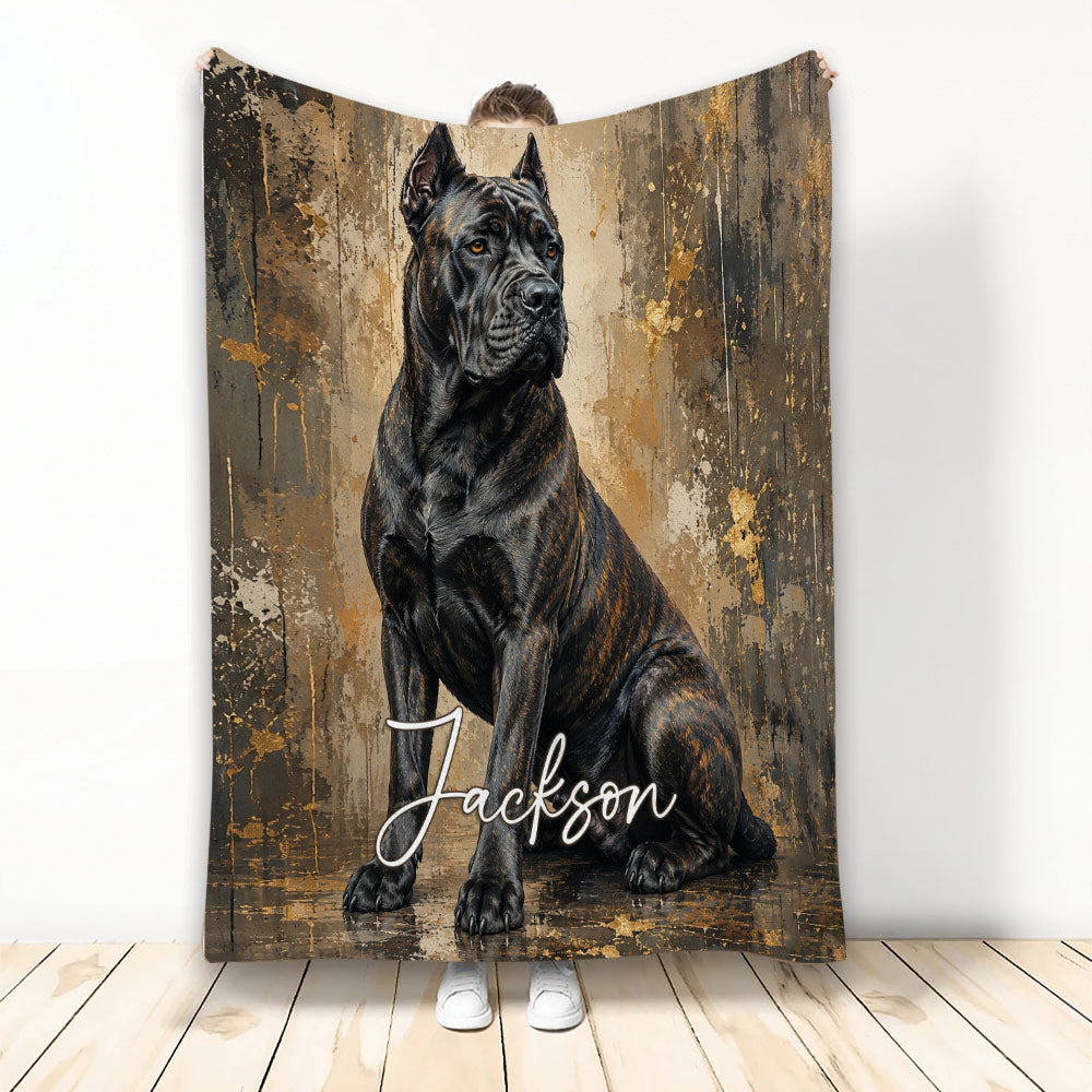 Cane Corso dog artwork on a rustic black and bronze throw blanket