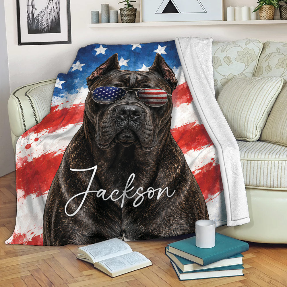 Cane Corso dog throw blanket with American flag artwork draped across a sofa