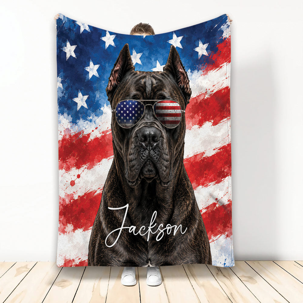 Cane Corso throw blanket with patriotic stars and stripes artwork displayed in a room