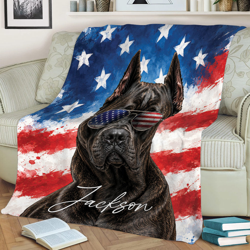 Cane Corso throw blanket featuring a close-up dog design with patriotic red, white, and blue artwork