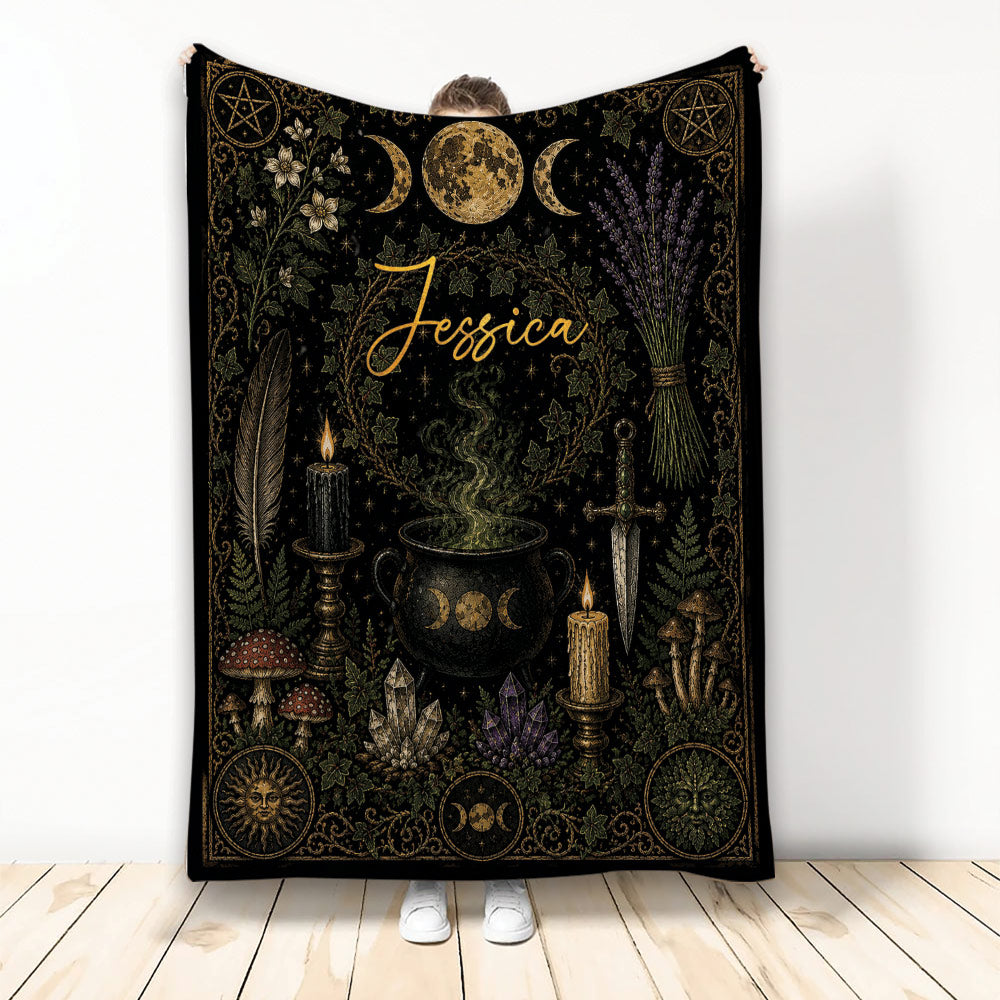 Wicca throw blanket with moon phases, candles, crystals, cauldron and mystical botanical artwork