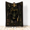 Wicca throw blanket with moon phases, candles, crystals, cauldron and mystical botanical artwork
