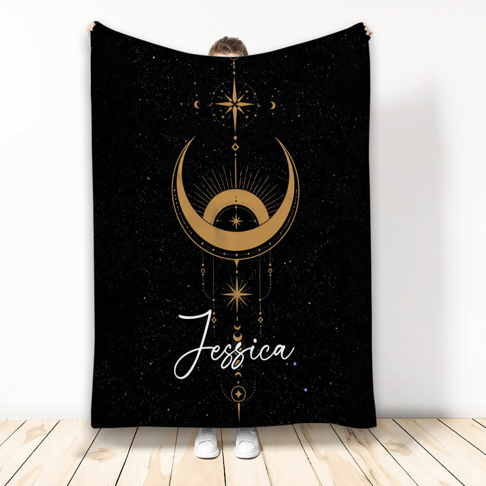 Wicca blanket with golden crescent moon, stars, celestial symbols, and black night-sky artwork