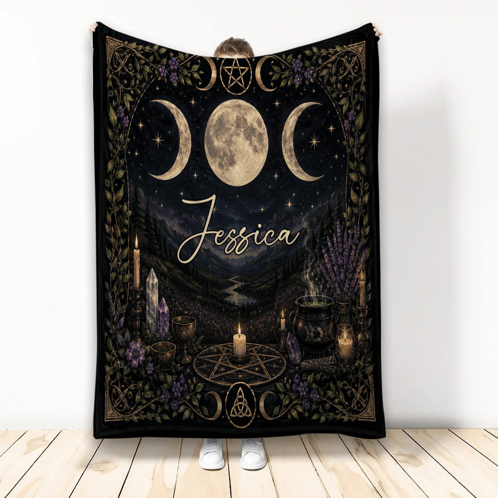 Wicca blanket with triple moon, pentagram, candles, crystals, and botanical night sky artwork