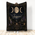 Wicca blanket with triple moon, pentagram, candles, crystals, and botanical night sky artwork