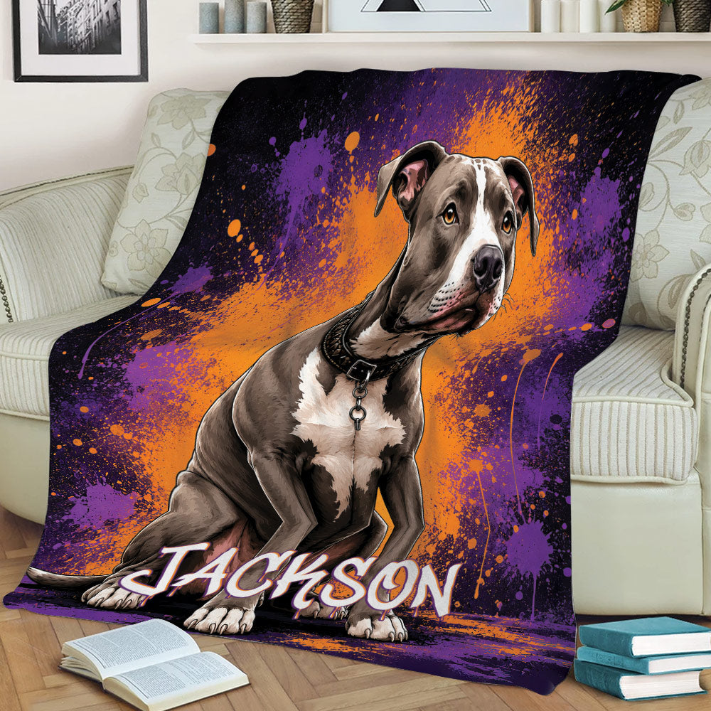 Pitbull throw blanket featuring a seated dog illustration on a couch in vivid abstract colors