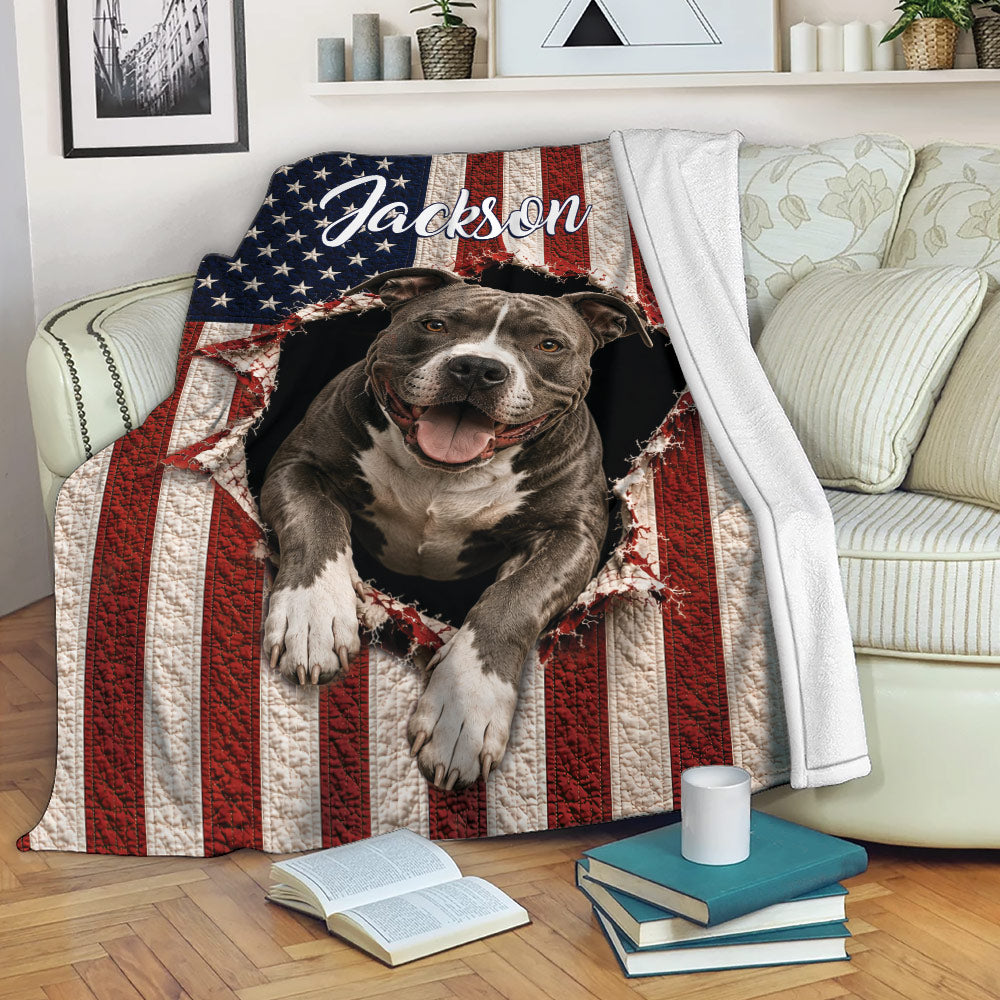 Patriotic pitbull throw blanket draped over a sofa with American flag artwork and cozy reading scene