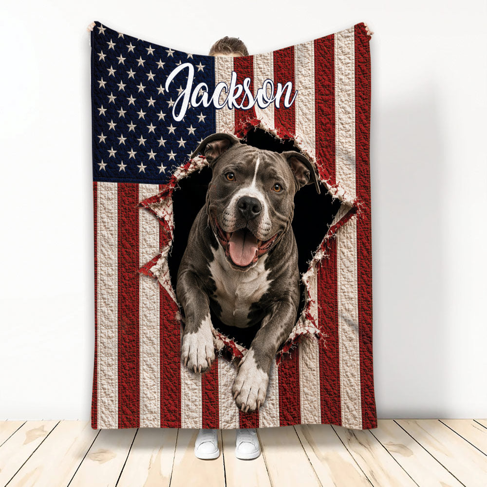 Patriotic pitbull blanket design with American flag stripes, stars, and a joyful dog breaking through