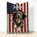 Patriotic pitbull blanket design with American flag stripes, stars, and a joyful dog breaking through