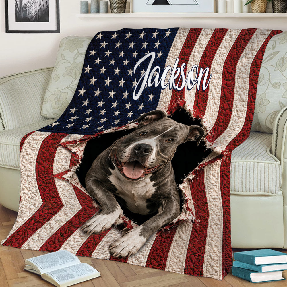 Pitbull throw blanket displayed on a couch with bold American flag artwork and a cheerful dog design