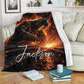 Welder blanket draped over a sofa, showing dramatic welding sparks and industrial artwork