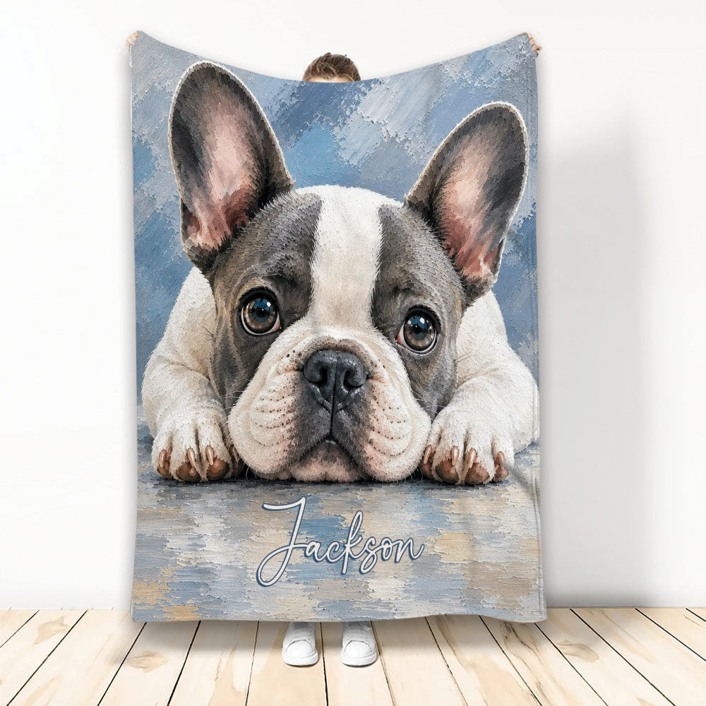 French Bulldog blanket with expressive dog artwork against a blue painted background