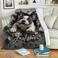French Bulldog throw blanket displayed on a sofa with dramatic rubble artwork