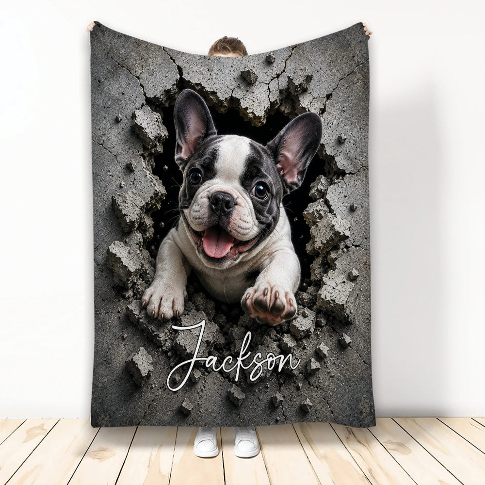 French Bulldog blanket featuring a playful puppy emerging through cracked concrete artwork