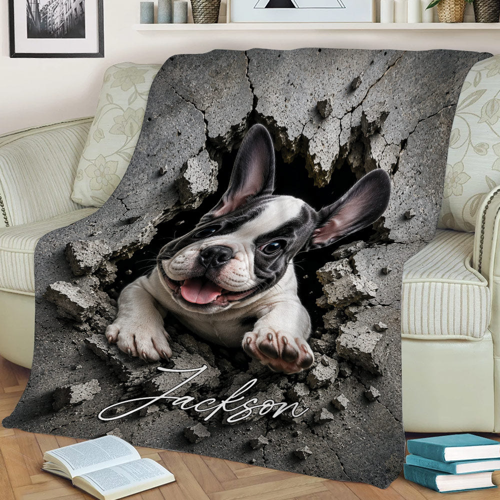 French Bulldog blanket draped over a couch with bold cracked wall and puppy design