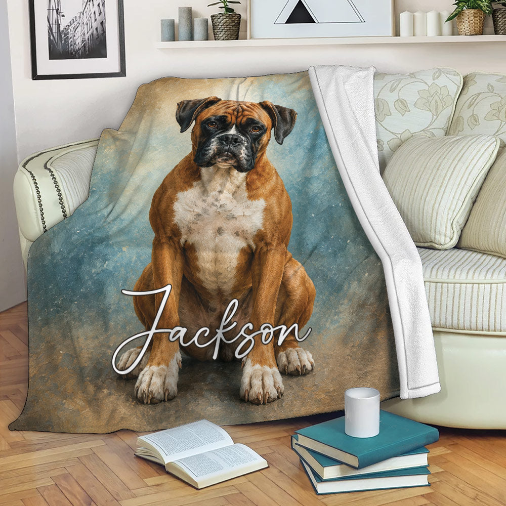Boxer dog throw blanket draped over a sofa with cozy living room decor
