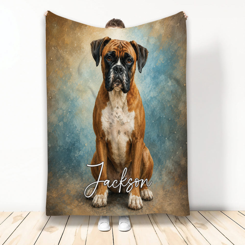 Boxer dog throw blanket displayed vertically with expressive dog artwork in blue and brown tones