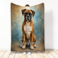 Boxer dog throw blanket displayed vertically with expressive dog artwork in blue and brown tones