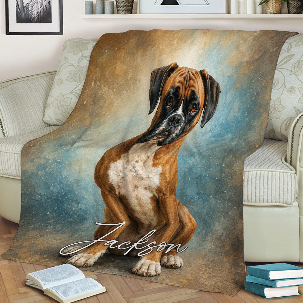 Boxer dog blanket styled across a couch with painterly blue and brown artwork