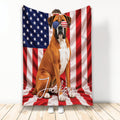 Boxer dog throw blanket with patriotic American flag artwork and aviator sunglasses