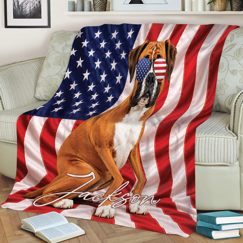 Boxer dog throw blanket draped over a couch with American flag design