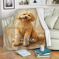 Goldendoodle throw blanket draped over a sofa with cozy living room decor and painted dog artwork