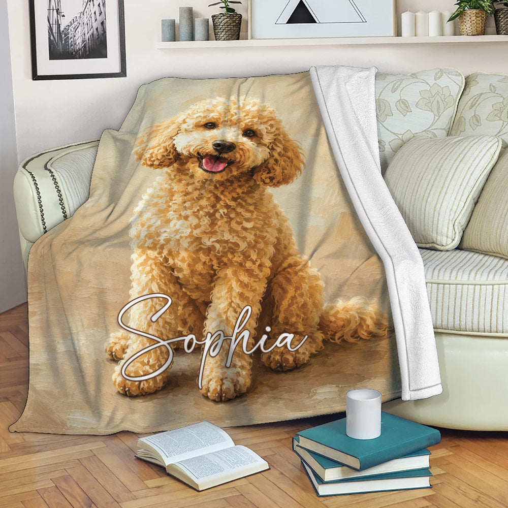 Goldendoodle throw blanket draped over a sofa with cozy living room decor and painted dog artwork